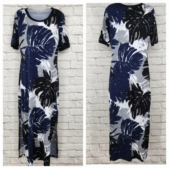G.I.L.I. Palm Leaf Pattern Side Slit Short Sleeve Maxi Dress Size Small Casual - Picture 1 of 15